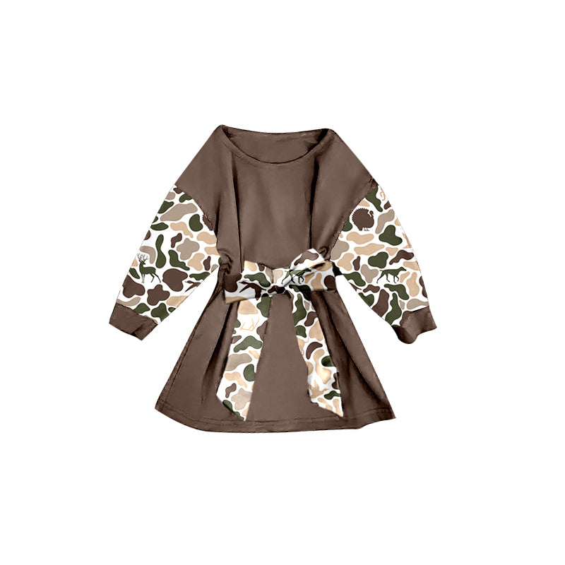 (Pre-order)GLD1305 Deer Brown Camo Print Girls Long Sleeve Knee Length Dress