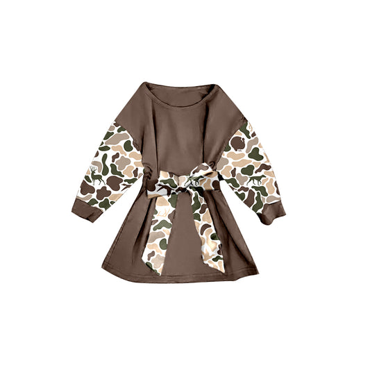 (Pre-order)GLD1305 Deer Brown Camo Print Girls Long Sleeve Knee Length Dress