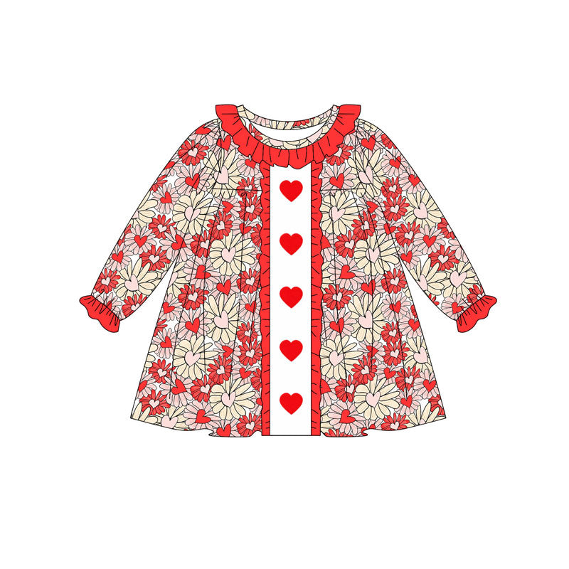 (Pre-order)GLD1306 Heart Flowers Print Girls Valentine's Day Knee Length Dress
