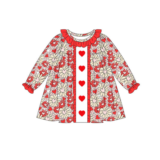 (Pre-order)GLD1306 Heart Flowers Print Girls Valentine's Day Knee Length Dress