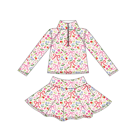 (Pre-order)GLD1309 Colorful Flowers Bows Zipper Pullover Top Skirts Shorts Girls Yoga Outfits