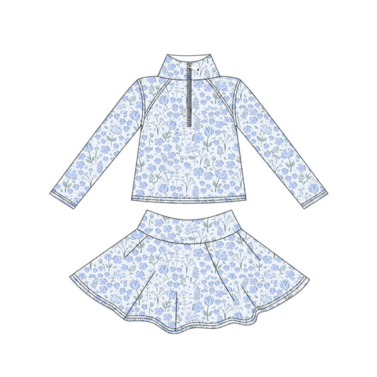 (Pre-order)GLD1310 Blue Flowers Zipper Pullover Top Skirts Shorts Girls Yoga Outfits