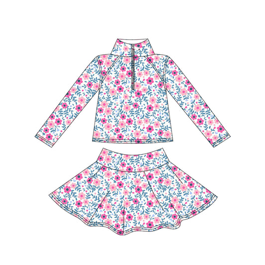 (Pre-order)GLD1311 Pink Flowers Zipper Pullover Top Skirts Shorts Girls Yoga Outfits