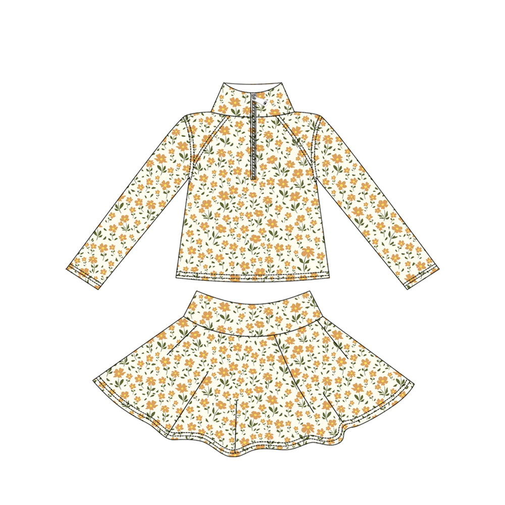 (Pre-order)GLD1312 Orange Flowers Zipper Pullover Top Skirts Shorts Girls Yoga Outfits