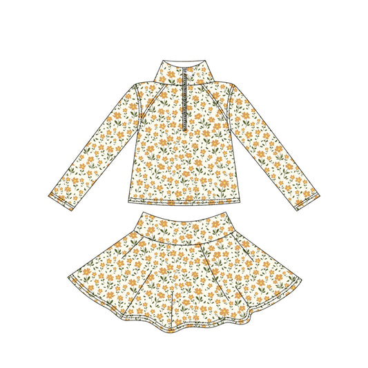 (Pre-order)GLD1312 Orange Flowers Zipper Pullover Top Skirts Shorts Girls Yoga Outfits