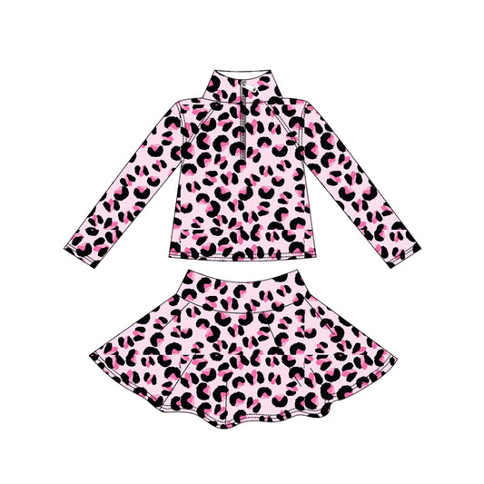 (Pre-order)GLD1313 Pink Leopard Zipper Pullover Top Skirts Shorts Girls Yoga Outfits