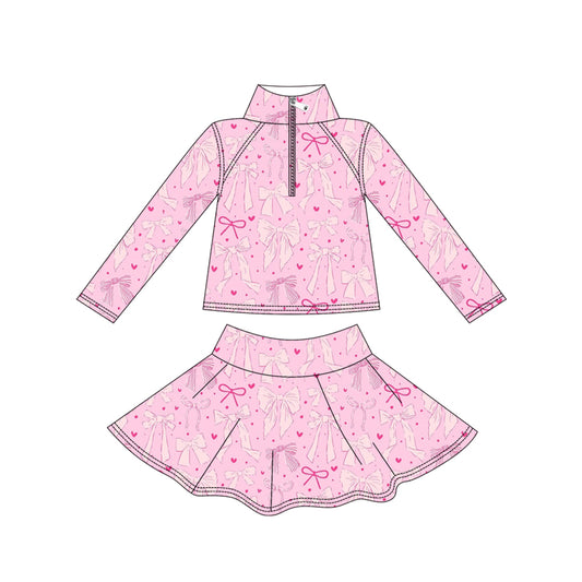 (Pre-order)GLD1314 Pink Bows Heart Zipper Pullover Top Skirts Shorts Girls Yoga Outfits