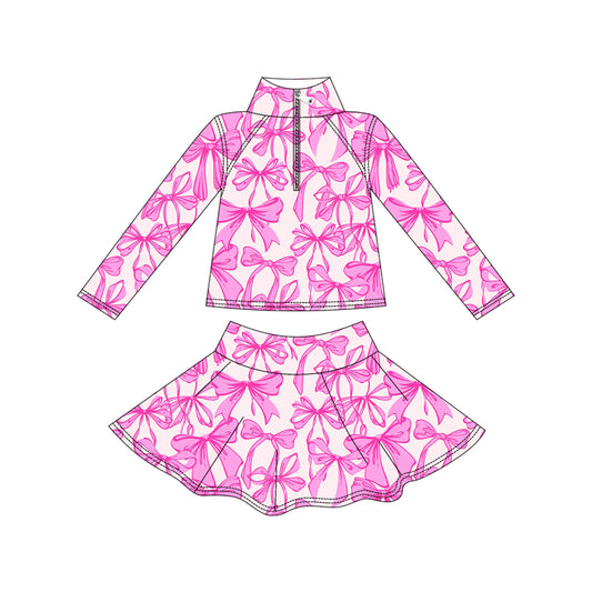 (Pre-order)GLD1315 Pink Bows Zipper Pullover Top Skirts Shorts Girls Yoga Outfits