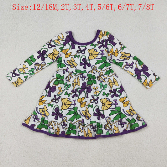 GLD1320 Colorful Bows Print Girls Mardi Gras Knee Length Dress