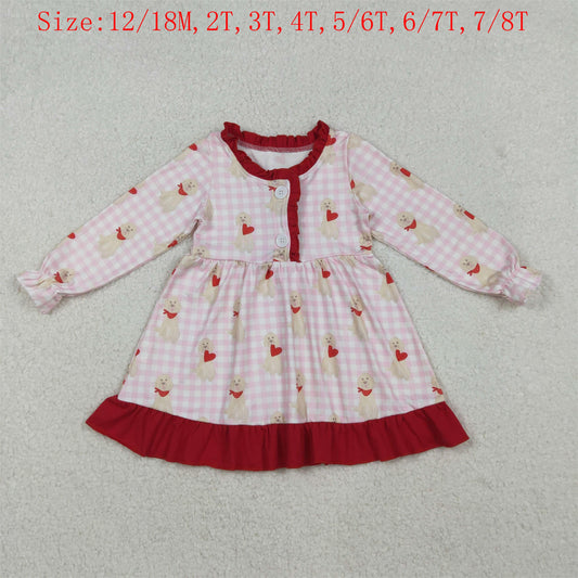 GLD1322 Dog Heart Plaid Print Girls Valentine's Day Knee Length Dress