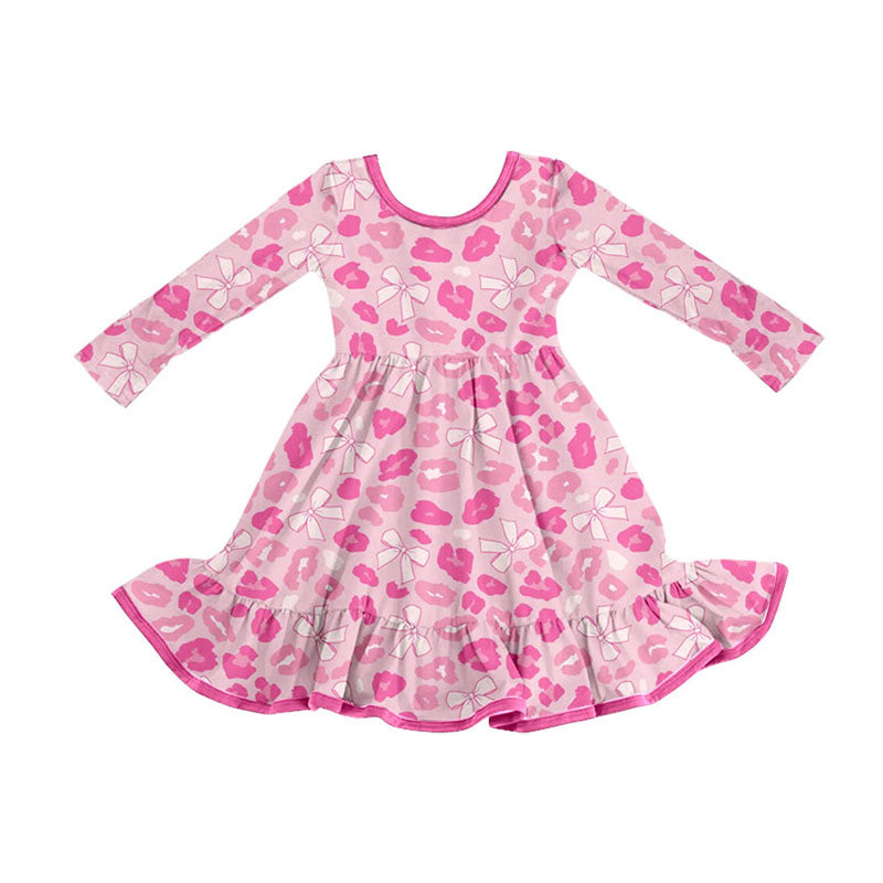 (Pre-order)GLD1328 Pink Leopard Bows Print Girls Long Sleeve Knee Length Dress