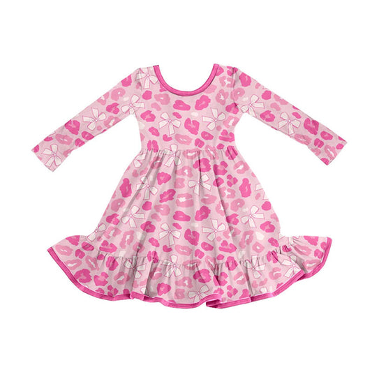 (Pre-order)GLD1328 Pink Leopard Bows Print Girls Long Sleeve Knee Length Dress