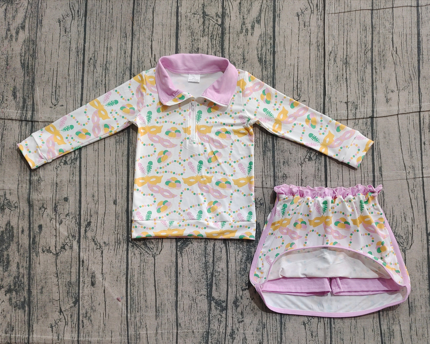 (Pre-order)GLD1334 Mask Zipper Top Skirts Shorts Girls Mardi Gras Clothes Set