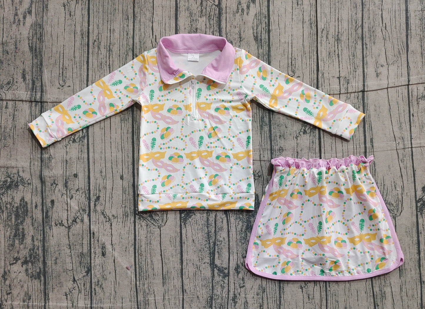 (Pre-order)GLD1334 Mask Zipper Top Skirts Shorts Girls Mardi Gras Clothes Set