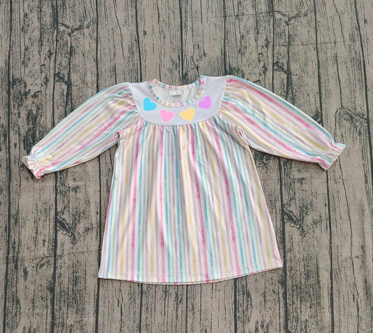 (Pre-order)GLD1335  Colorful Heart Stripes Print Girls Valentine's Day Knee Length Dress