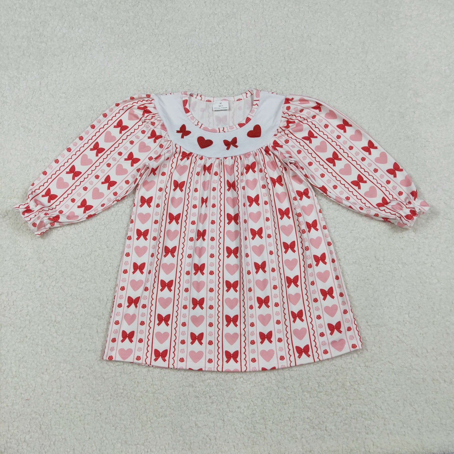 GLD1336  Heart Bows Embroidery Pink Print Girls Valentine's Day Knee Length Dress