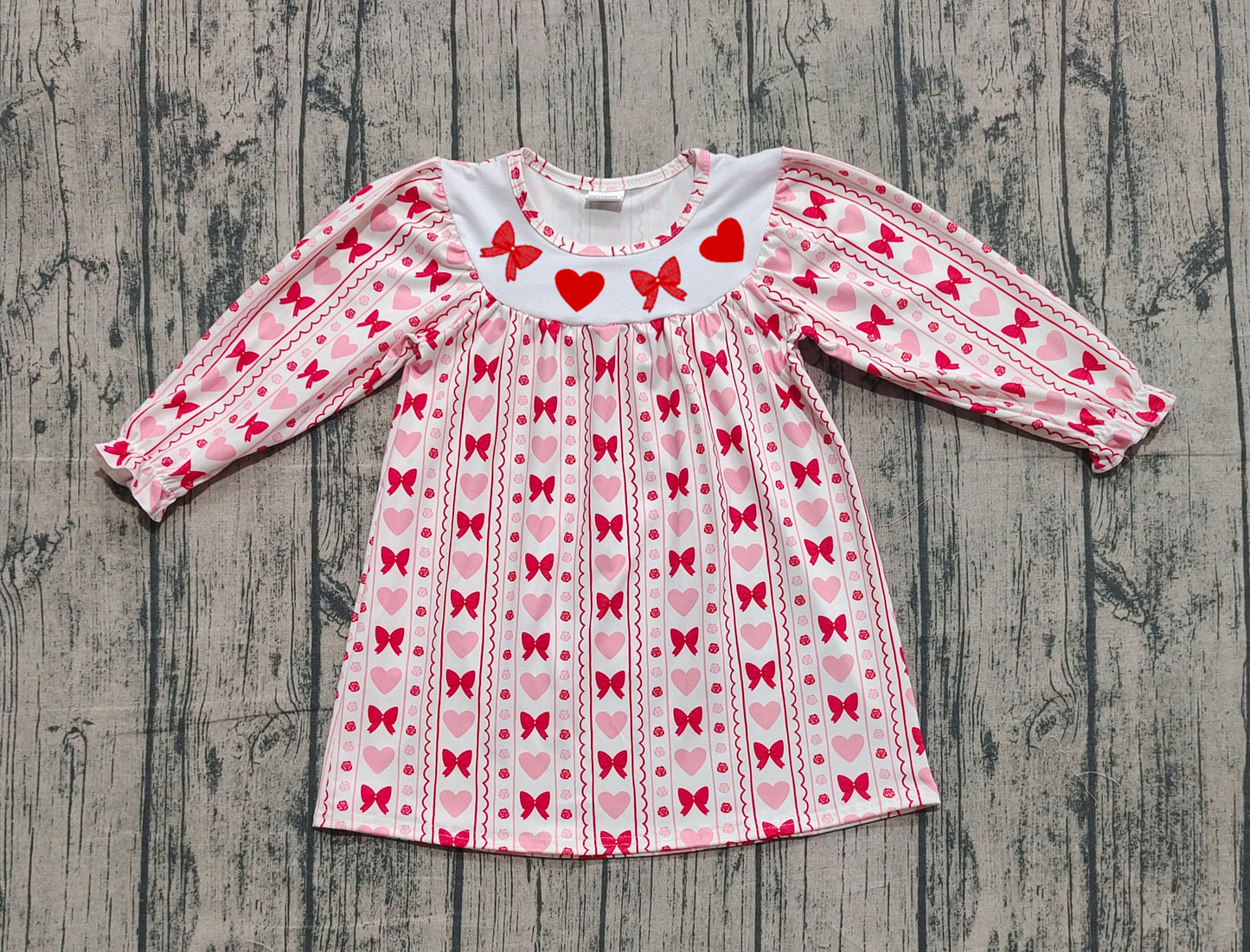(Pre-order)GLD1336  Heart Pink Bows Print Girls Valentine's Day Knee Length Dress