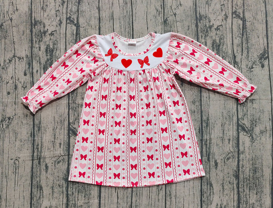 (Pre-order)GLD1336  Heart Pink Bows Print Girls Valentine's Day Knee Length Dress