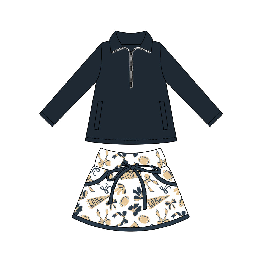 (Pre-order)GLD1337 Navy Zipper Pullover Top Go Team Bows Skirts Shorts Girls Yoga Outfits
