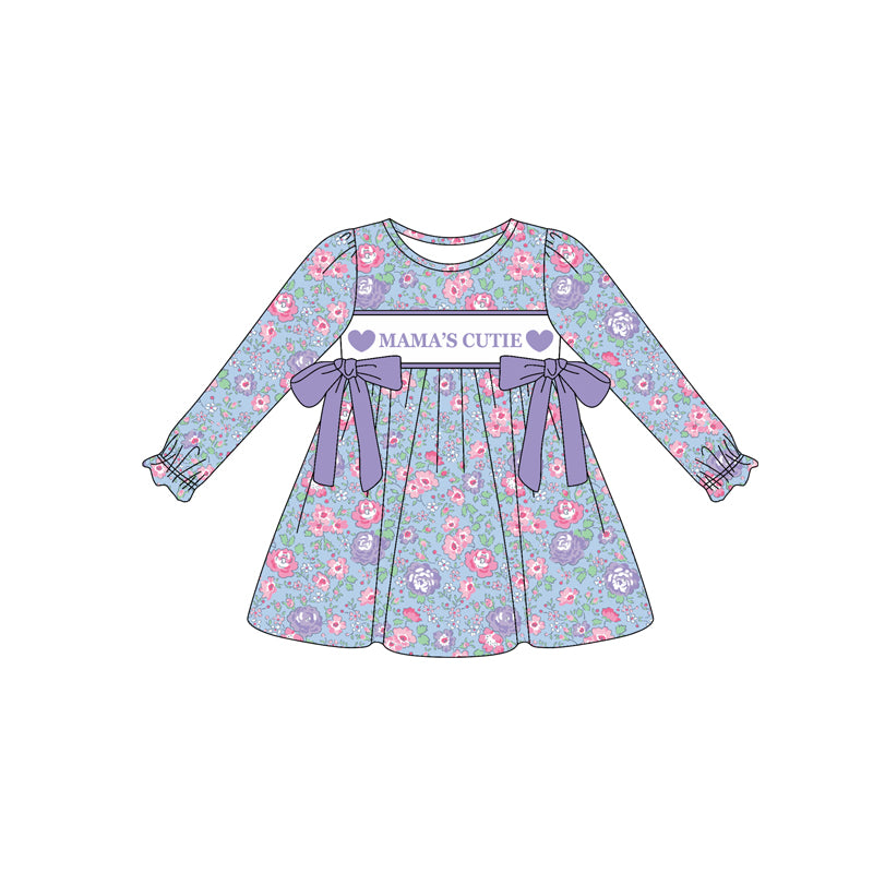 (Pre-order)GLD1341  MAMA'S CUTIE Purple Heart Flowers Print Girls Knee Length Dress