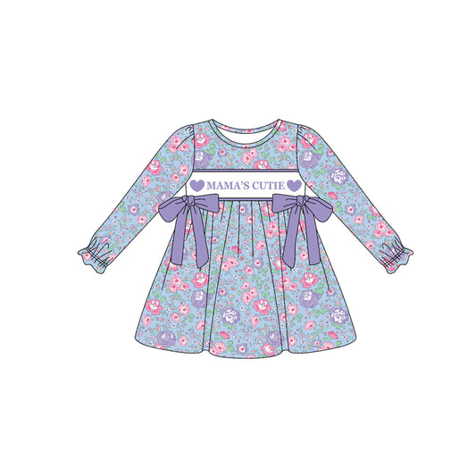 (Pre-order)GLD1341  MAMA'S CUTIE Purple Heart Flowers Print Girls Knee Length Dress