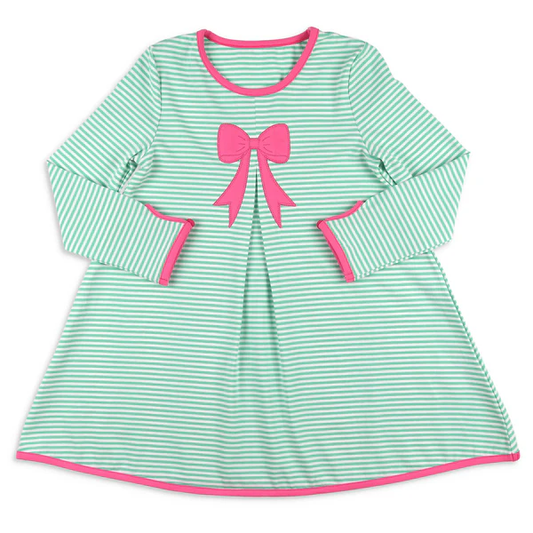 (Pre-order)GLD1342 Bow Green Stripes Print Girls Long Sleeve Knee Length Dress