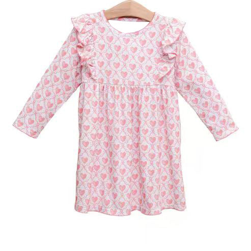 (Pre-order)GLD1343  Pink Heart Print Girls Valentine's Day Knee Length Dress