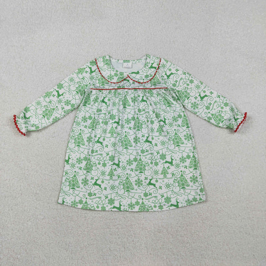 GLD1345 Snowman Green Print Girls Christmas Knee Length Dress
