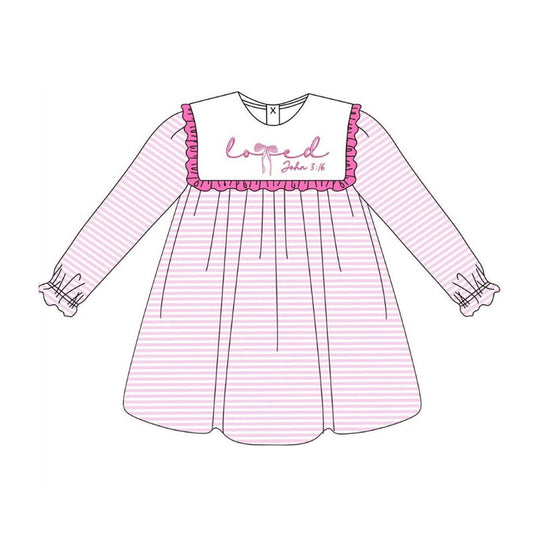 (Pre-order)GLD1350  LOVE John 3:16 Pink Stripes Print Girls Valentine's Day Knee Length Dress