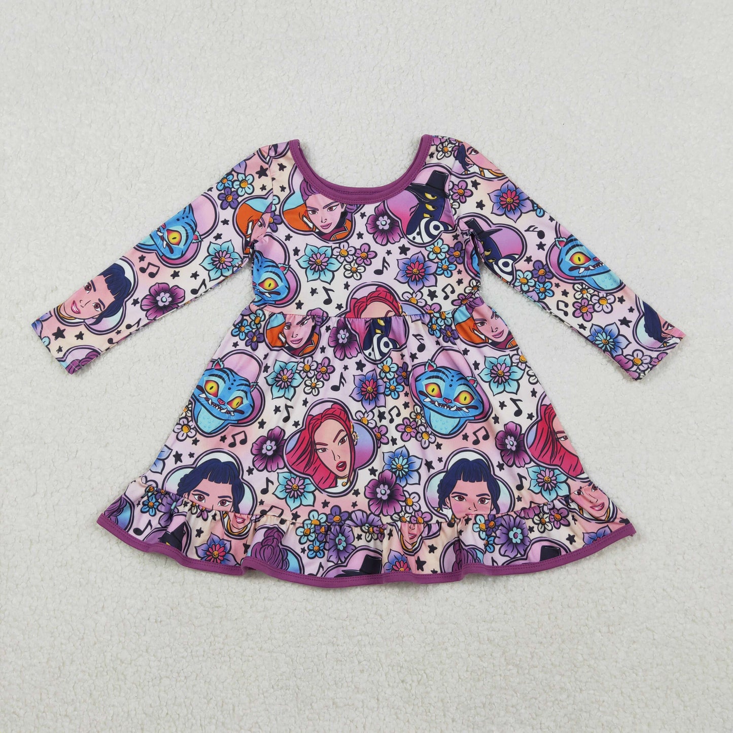 GLD1351  Cartoon Demon Movie Flowers Print Girls Knee Length Dress