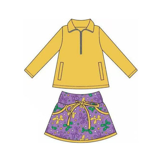 (Pre-order)GLD1353  Yellow Zipper Pullover Top Balloon Dog Purple Skirts Girls Mardi Gras Clothes Set