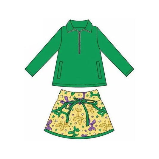 (Pre-order)GLD1354  Green Zipper Pullover Top Balloon Dog Yellow Skirts Girls Mardi Gras Clothes Set