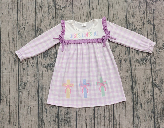 (Pre-order)GLD1356 Colorful Cross Jesus Loves Me Plaid Print Girls Easter Knee Length Dress