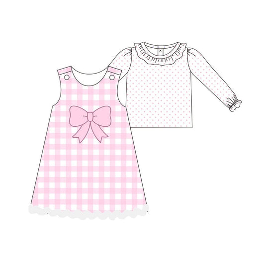 (Pre-order)GLD1357 Dots Top Pink Bow Plaid Girls Clothes Set