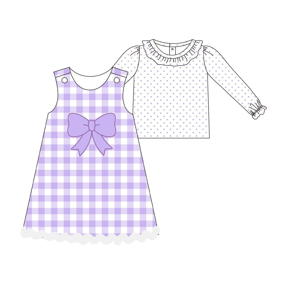 (Pre-order)GLD1358 Dots Top Purple Bow Plaid Girls Clothes Set