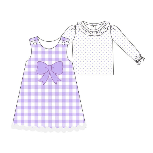 (Pre-order)GLD1358 Dots Top Purple Bow Plaid Girls Clothes Set