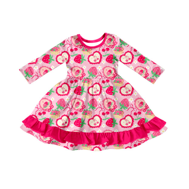 (Pre-order)GLD1359  Strawberry Cherry Heart Print Girls Valentine's Day Knee Length Dress