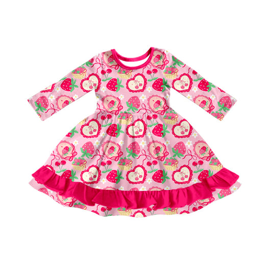 (Pre-order)GLD1359  Strawberry Cherry Heart Print Girls Valentine's Day Knee Length Dress