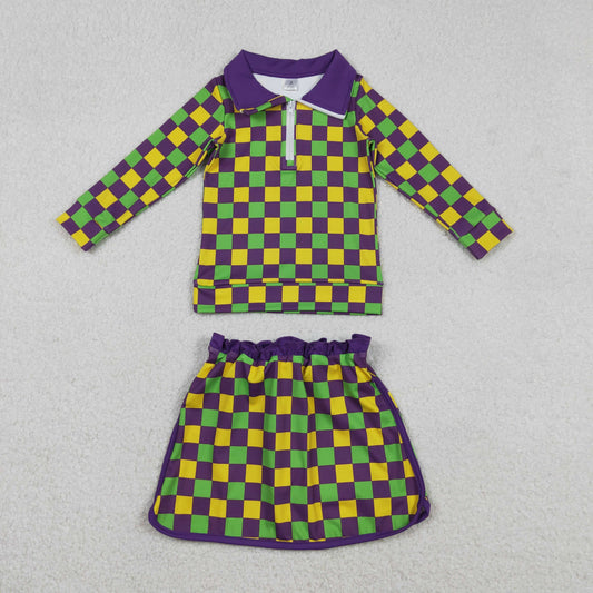 GLD1362 Purple Green Yellow Plaid Zipper Top Shorts Skirts Girls Mardi Gras Yoga Outfits