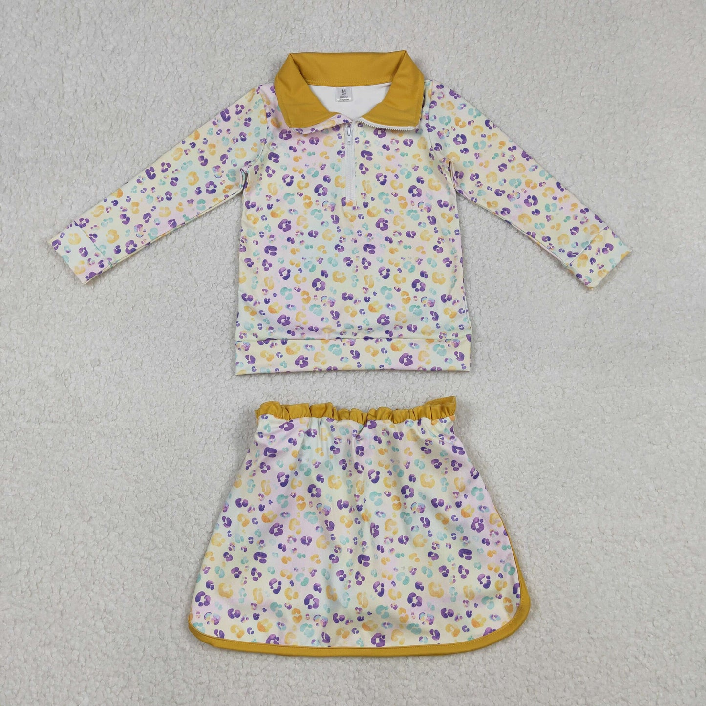 GLD1365 Colorful Leopard Zipper Top Shorts Skirts Girls Mardi Gras Yoga Outfits