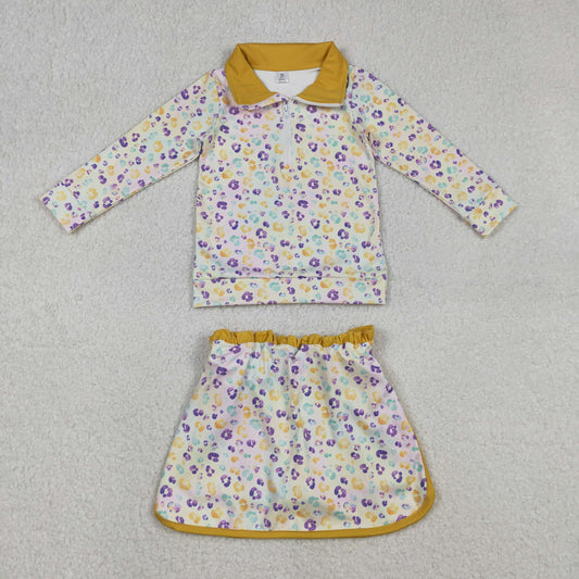 GLD1365 Colorful Leopard Zipper Top Shorts Skirts Girls Mardi Gras Yoga Outfits