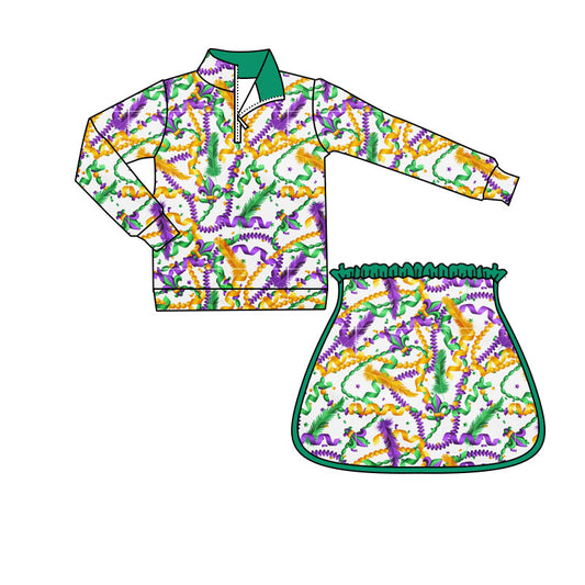 (Pre-order)GLD1371 Anchor Feather Zipper Top Shorts Skirts Girls Mardi Gras Yoga Outfits