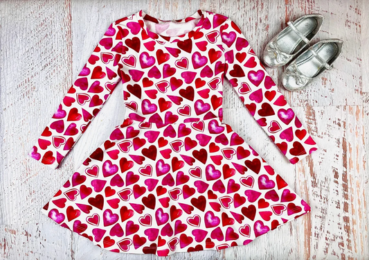 (Pre-order)GLD1378 Red Heart Print Girls Valentine's Day Knee Length Dress