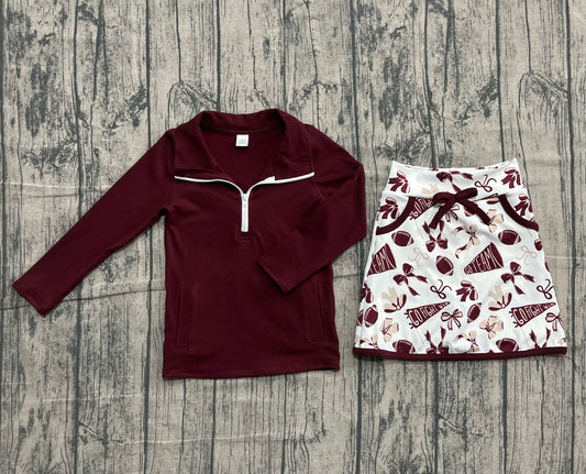 (Pre-order)GLD1384 Wine Zipper Pullover Top Go Team Bows Cheer Skirts Girls Yoga Clothes Set