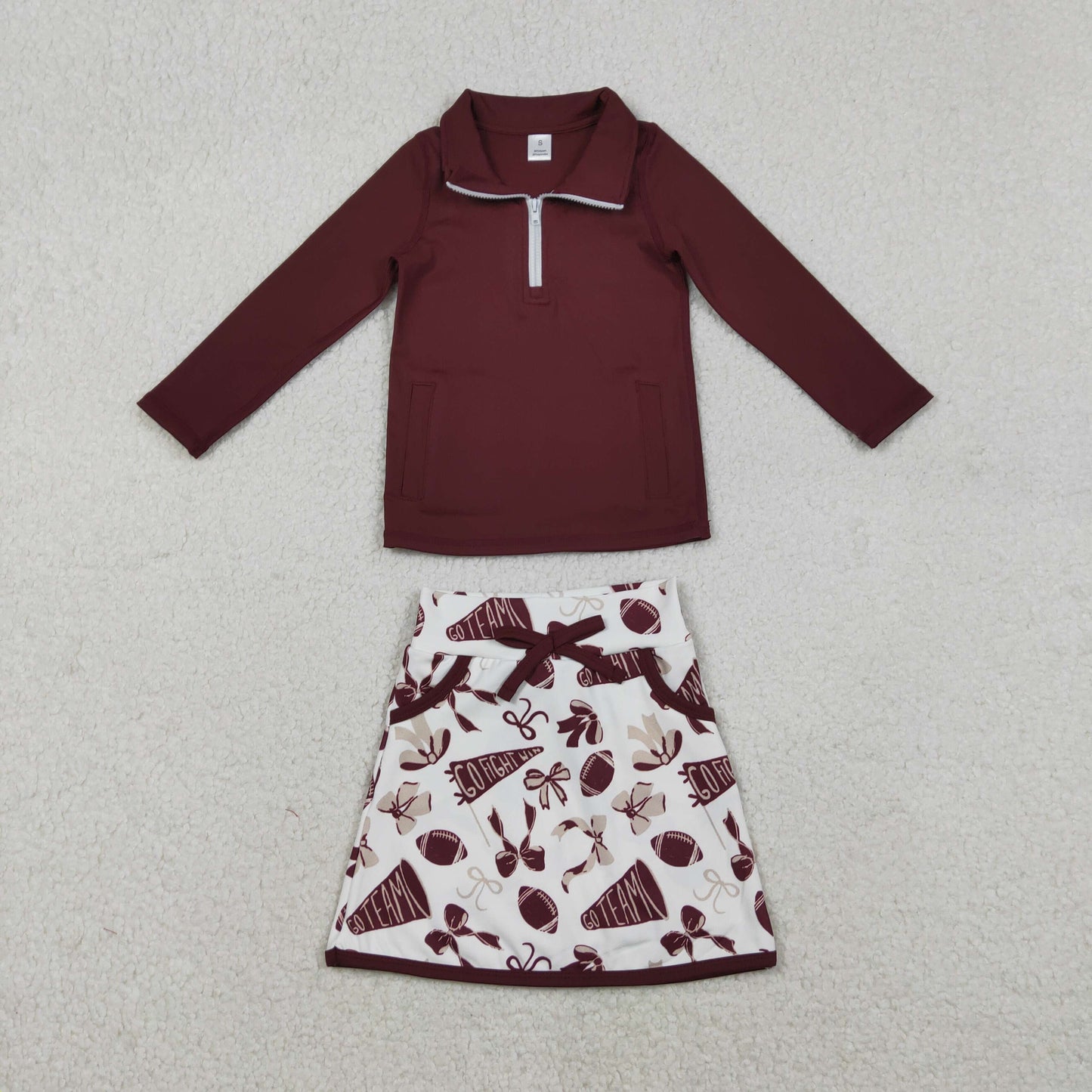 GLD1384 Wine Zipper Pullover Top Go Team Bows Cheer Skirts Shorts Girls Yoga Clothes Set