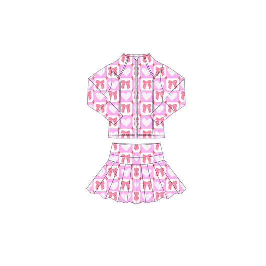 (Pre-order)GLD1387 Heart Bows Plaid Zipper Top Skirts Girls Valentine's Day Yoga Clothes Set
