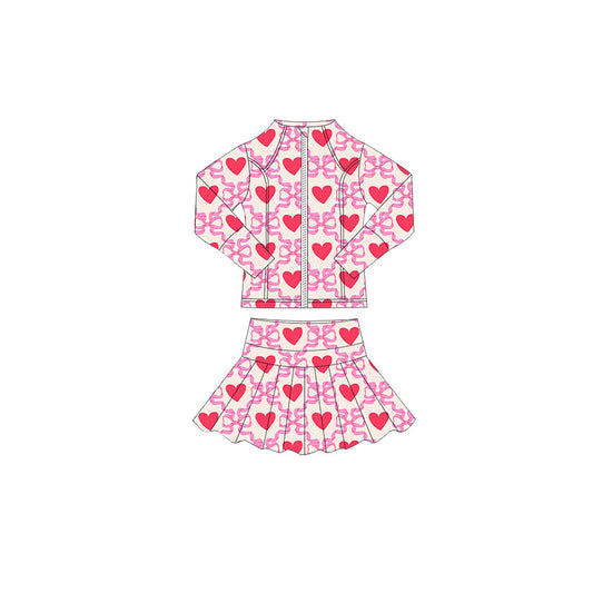 (Pre-order)GLD1390 Heart Bows Zipper Top Skirts Girls Valentine's Day Yoga Clothes Set