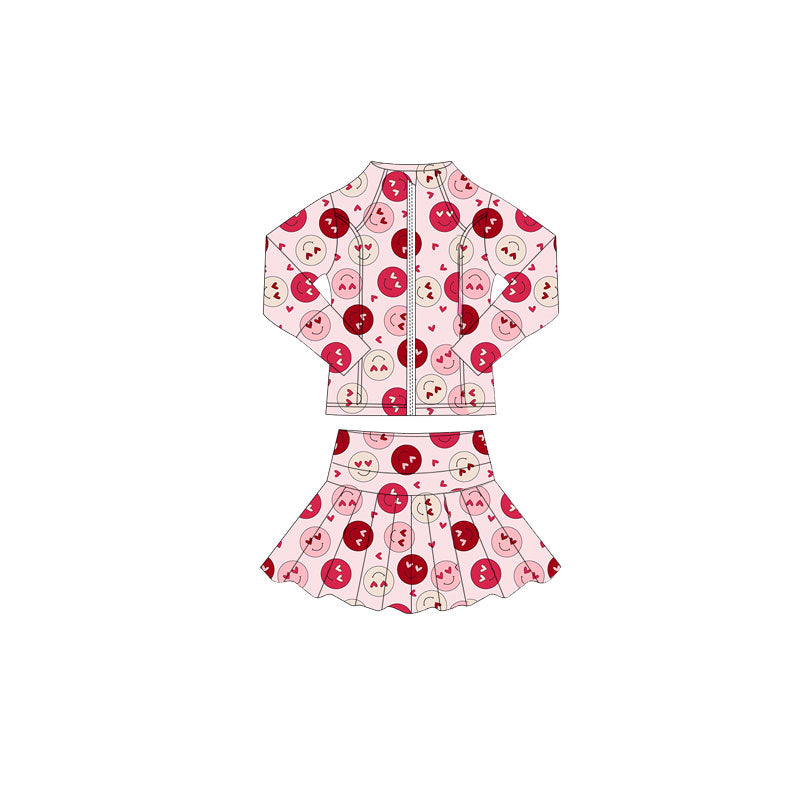 (Pre-order)GLD1391 Smiling Heart Zipper Top Skirts Girls Valentine's Day Yoga Clothes Set