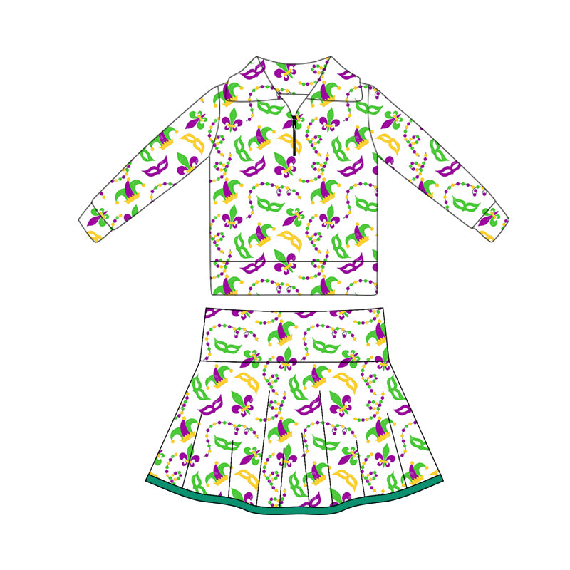 (Pre-order)GLD1396 Anchor Mask Hat Zipper Top Skirts Girls Mardi Gras Yoga Clothes Set