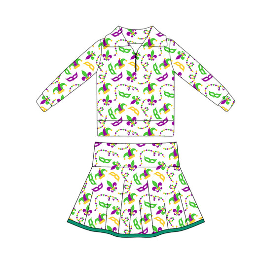 (Pre-order)GLD1396 Anchor Mask Hat Zipper Top Skirts Girls Mardi Gras Yoga Clothes Set